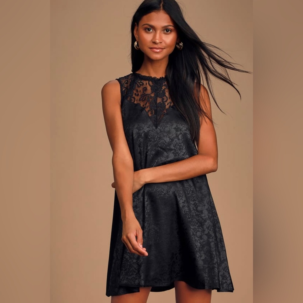 Evidently in Love Black Floral Embossed Satin Swing Dress - Lulus